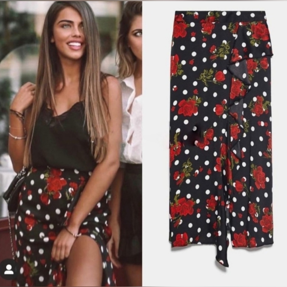 Zara Size S Ruffled Flamenco Polka Dot Floral Skirt 0097 230 065